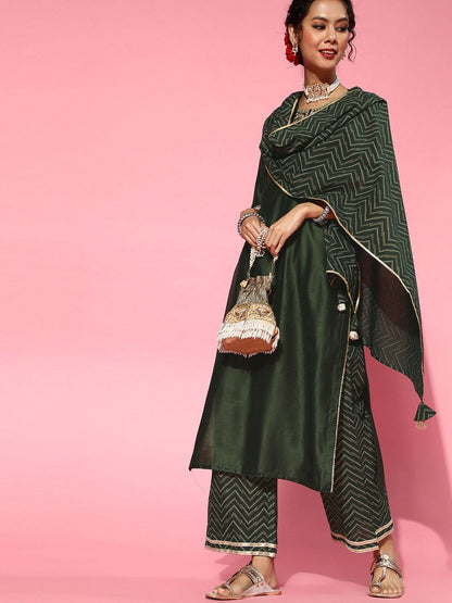 Indyancart IE Green Ethnic Motifs Embroidered Round Neck Straight Kurta with Palazzos & Dupatta