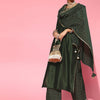 Indyancart IE Green Ethnic Motifs Embroidered Round Neck Straight Kurta with Palazzos & Dupatta