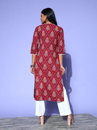 Dhiyona IE Women Maroon & White Pure Cotton Ethnic Motifs Printed Kurta