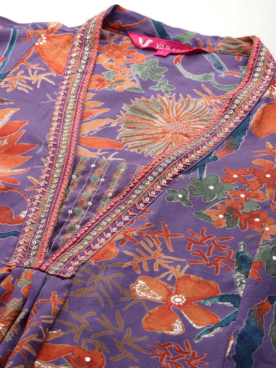 Dhiyona VA Women'sFloral Printed Pleated Sequinned Kurta With Trousers & Dupatta
