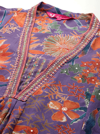 Dhiyona VA Women'sFloral Printed Pleated Sequinned Kurta With Trousers & Dupatta