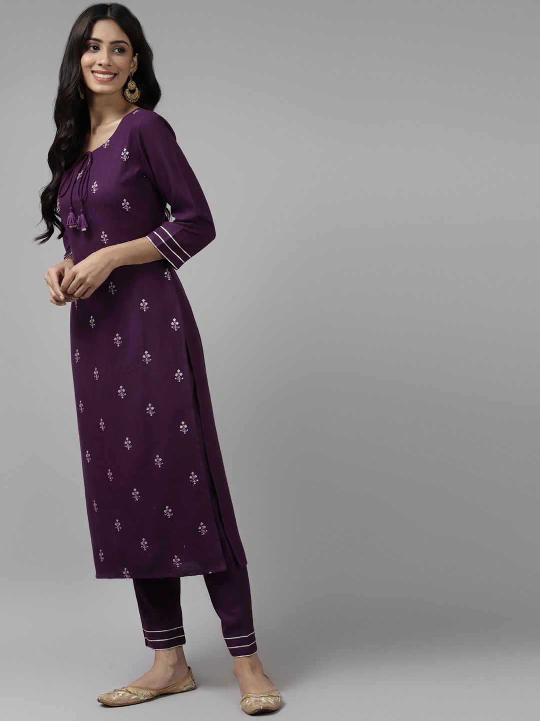 Indyancart IE Women Purple Embroidered Kurta with Trousers & With Dupatta