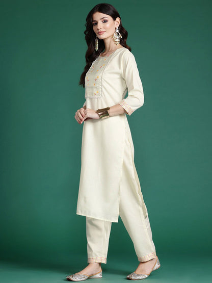 Indyancart IE Floral Yoke Design Zari Pure Cotton Kurta With Trousers & Dupatta