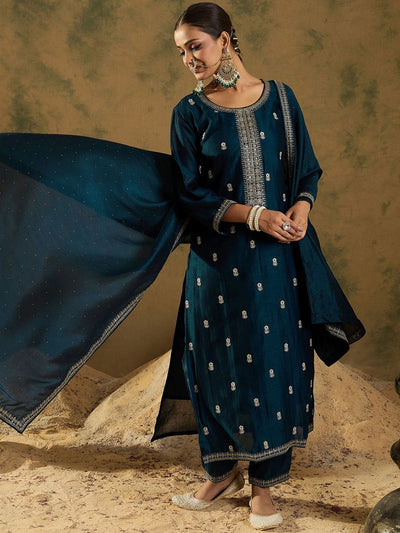 Dhiyona IE Women Embroidered Regular Sequinned Kurta with Trousers & With Dupatta
