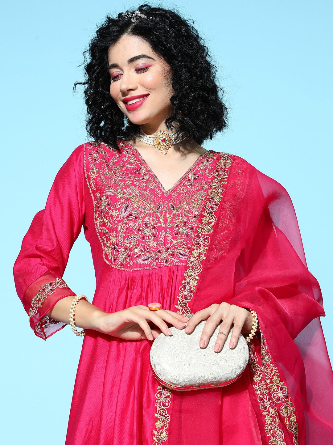 Indyancart IE Women Fuchsia Ethnic Motifs Embroidered Kurta with Palazzos & With Dupatta