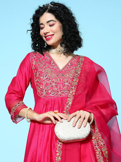 Indyancart IE Women Fuchsia Ethnic Motifs Embroidered Kurta with Palazzos & With Dupatta
