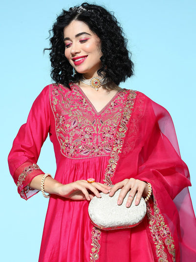 Dhiyona IE Women Fuchsia Ethnic Motifs Embroidered Kurta with Palazzos & With Dupatta