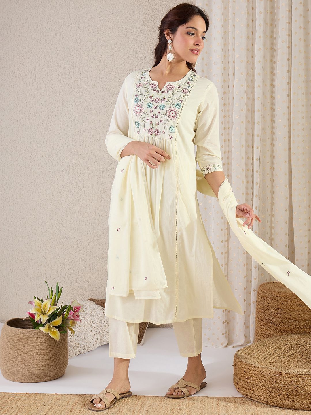 Women Floral Embroidered Cotton Kurta with Trousers & Dupatta
