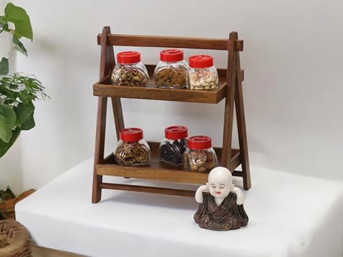 Vesta Homes Foldable Home and Kitchen Organizer Countertop Tiered Shelf Rack/Double Tray/Storage Shelves/Spice Shelf/Wooden Organizer for Office, Bedroom | 43 x 23 x 38 cms | Handcrafted in India