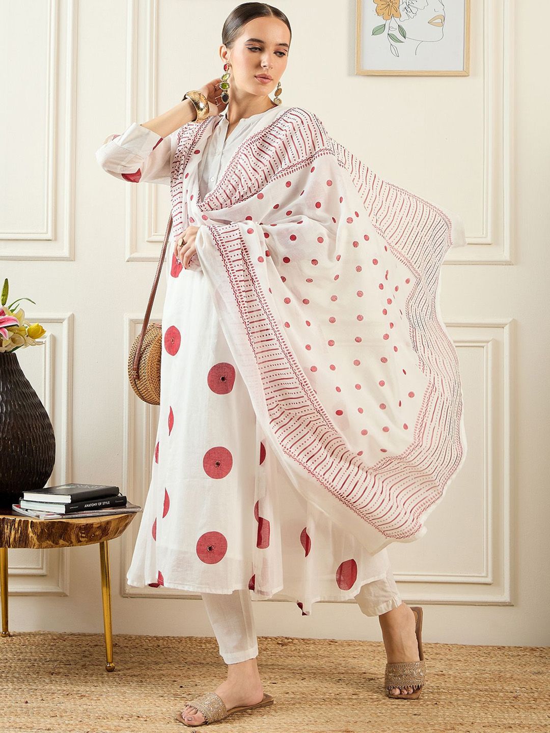 Dhiyona IE Women Printed Panelled Sequinned Pure Cotton Kurta with Trousers & With Dupatta