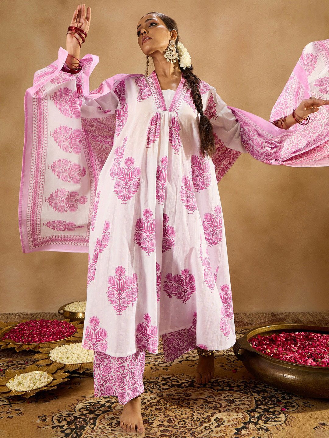 Indyancart IE Floral Printed Panelled Pure Cotton A-Line Kurta With Palazzos & Dupatta