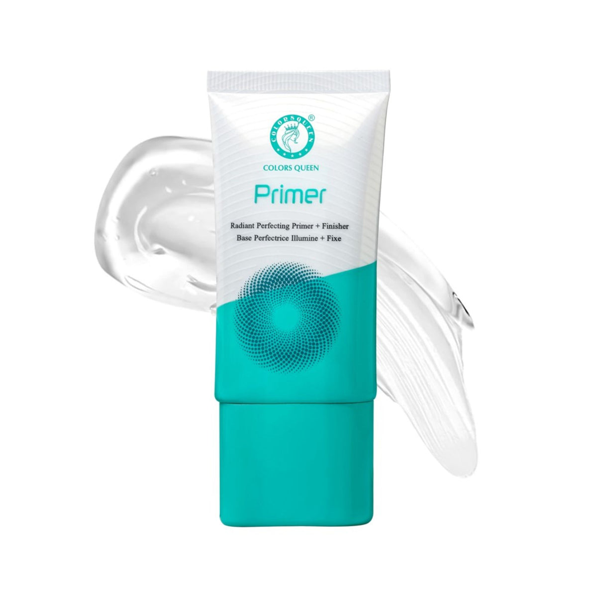 Colors Queen Perfect Radiant Finish Primer bottle with pump dispenser, showcasing its sleek design and radiant finish.