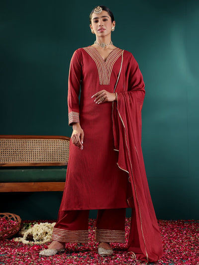 Indyancart VA Women'sMaroon V-Neck Regular Gotta Patti Silk Crepe Kurta With Trouser With Dupatta