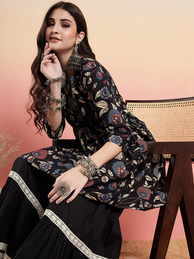 Indyancart SN Women's Floral Printed Pure Cotton Anarkali Kurti With Sharara