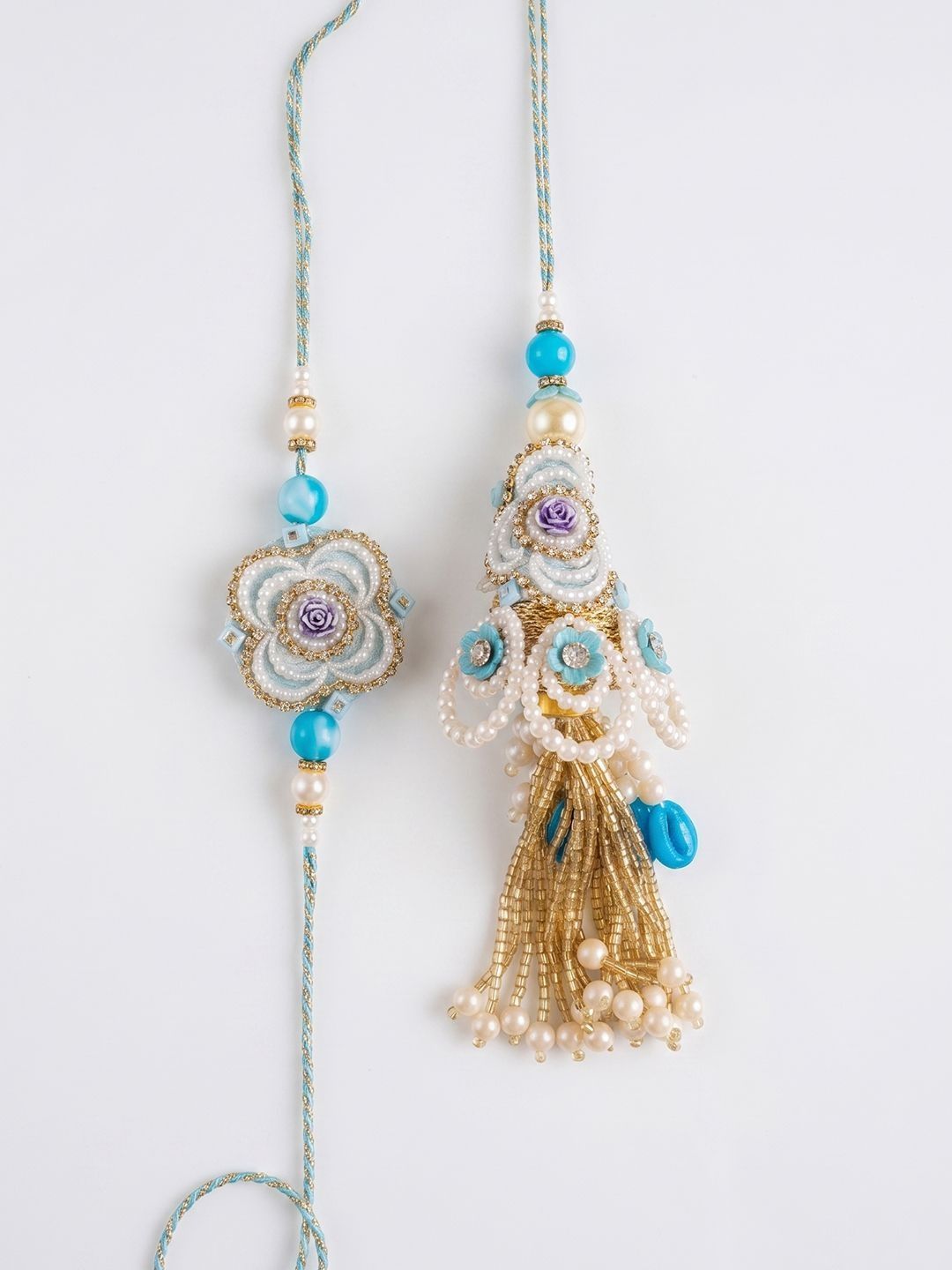 Anouk Set Of 2 Pearls & Artificial Stones Floral Bhaiya Bhabhi Rakhi With Roli Chawal