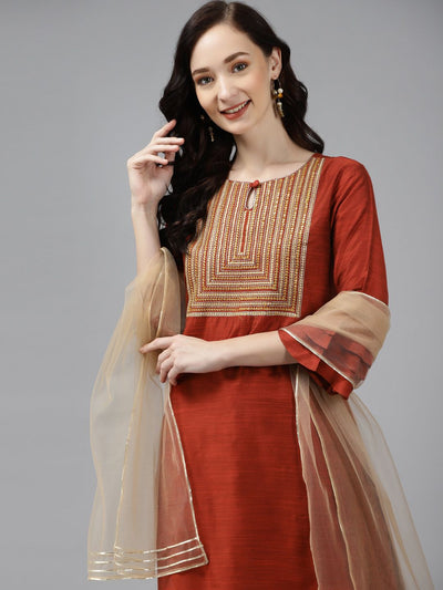 Indyancart IE Women Orange Floral Embroidered Regular Chanderi Silk Kurta with Palazzos