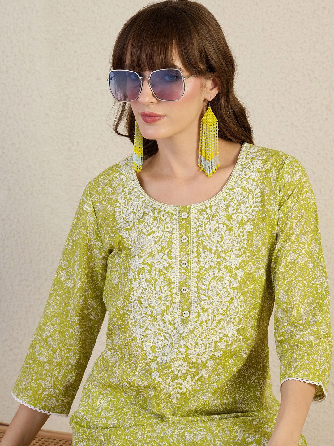 Indyancart IE Women Paisley Printed Regular Thread Work Pure Cotton Kurta with Trousers