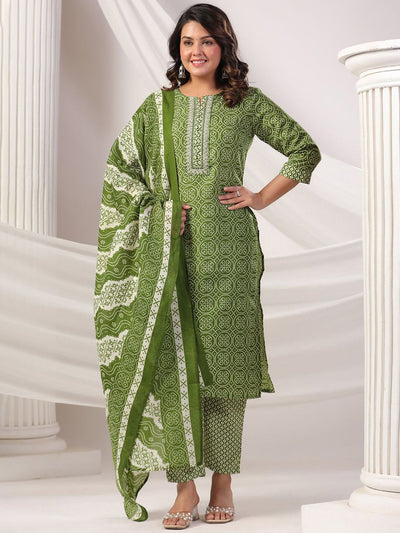 Indyancart IE Women Bandhani Printed Regular Pure Cotton Kurta with Trousers & Dupatta