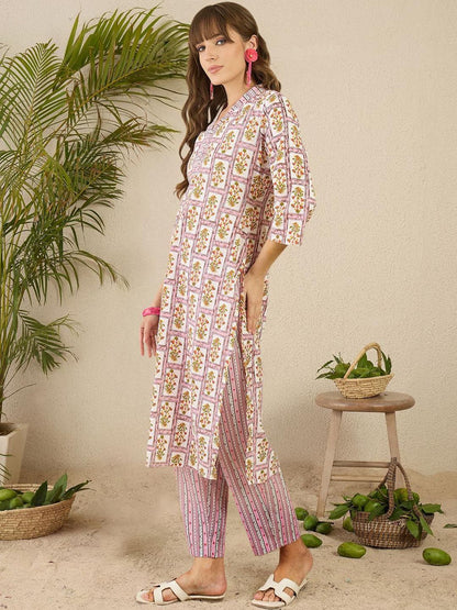 Indyancart IE Printed Pure Cotton Straight Tunic & Trousers Co-Ord Set