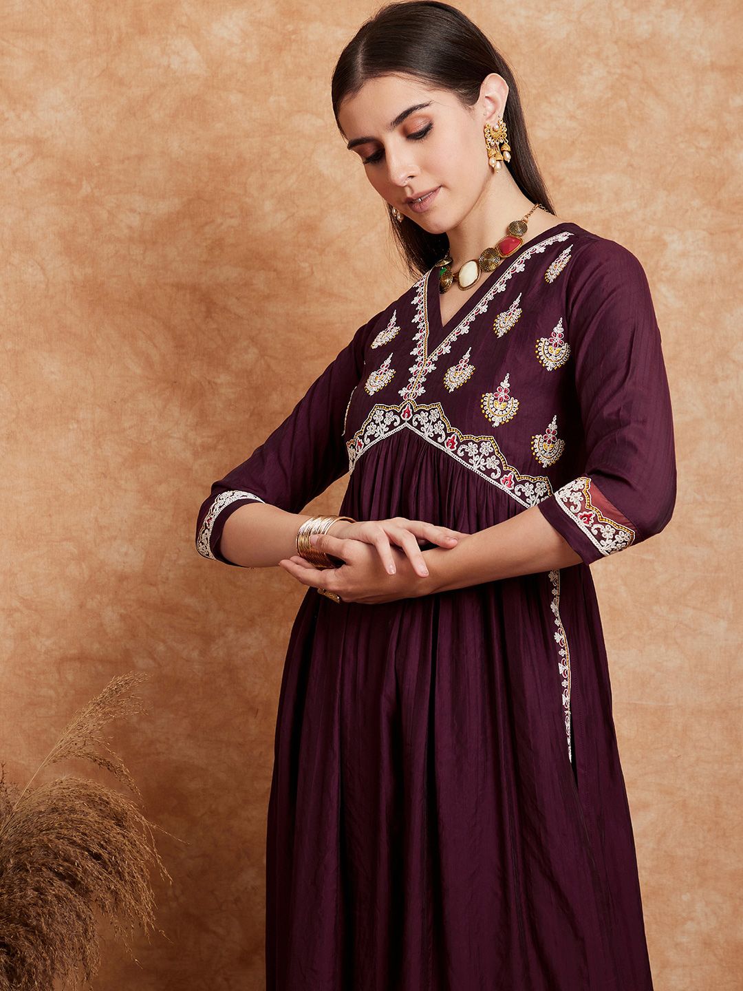 Indyancart SN Women's Alia Cut Ethnic Motifs Embroidered A-Line Kurta With Trouser