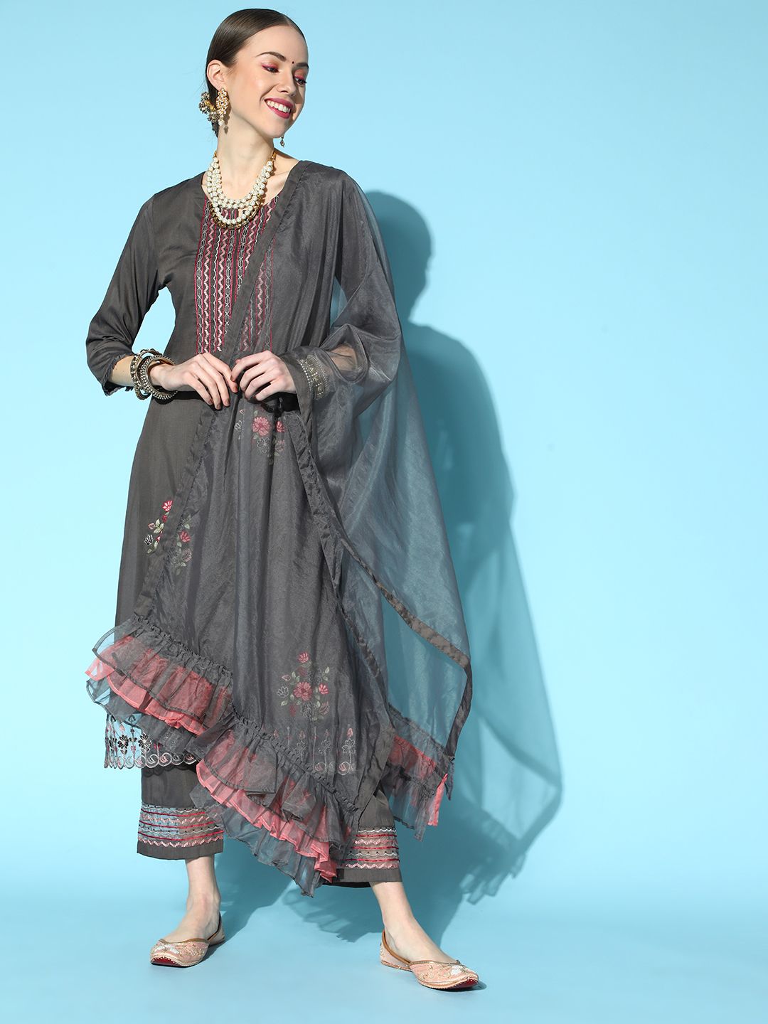 Charcoal Silk Blend Romantic Florals Kurta Set