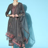 Indyancart IE Charcoal Silk Blend Romantic Florals Kurta Set