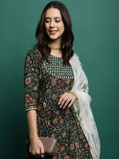 Indyancart SN Women's Floral Printed Pure Cotton A-Line Kurta With Trousers & Dupatta