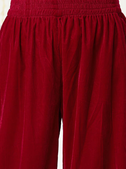 Indyancart VA Burgundy Ethnic Motifs Embroidered Velvet Kurta With Palazzos & Dupatta