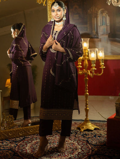 Indyancart IE Sequinned Embroidered Round Neck Kurta With Trousers & Dupatta