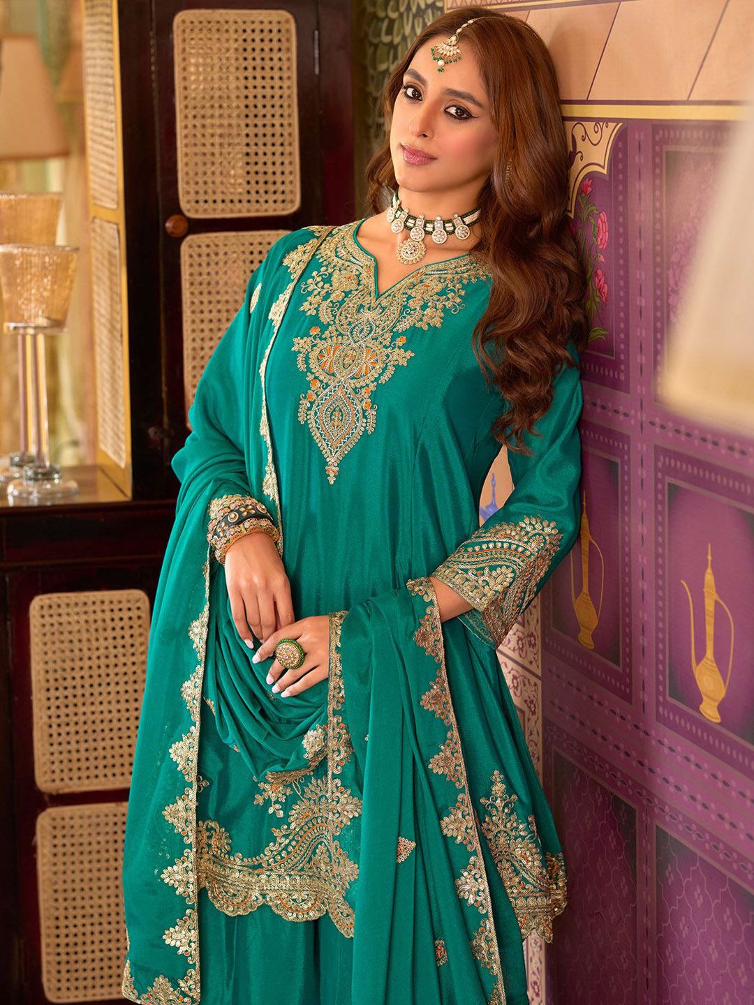 Floral Embroidered Sequinned Chinon A-Line Kurta With Palazzos & Dupatta