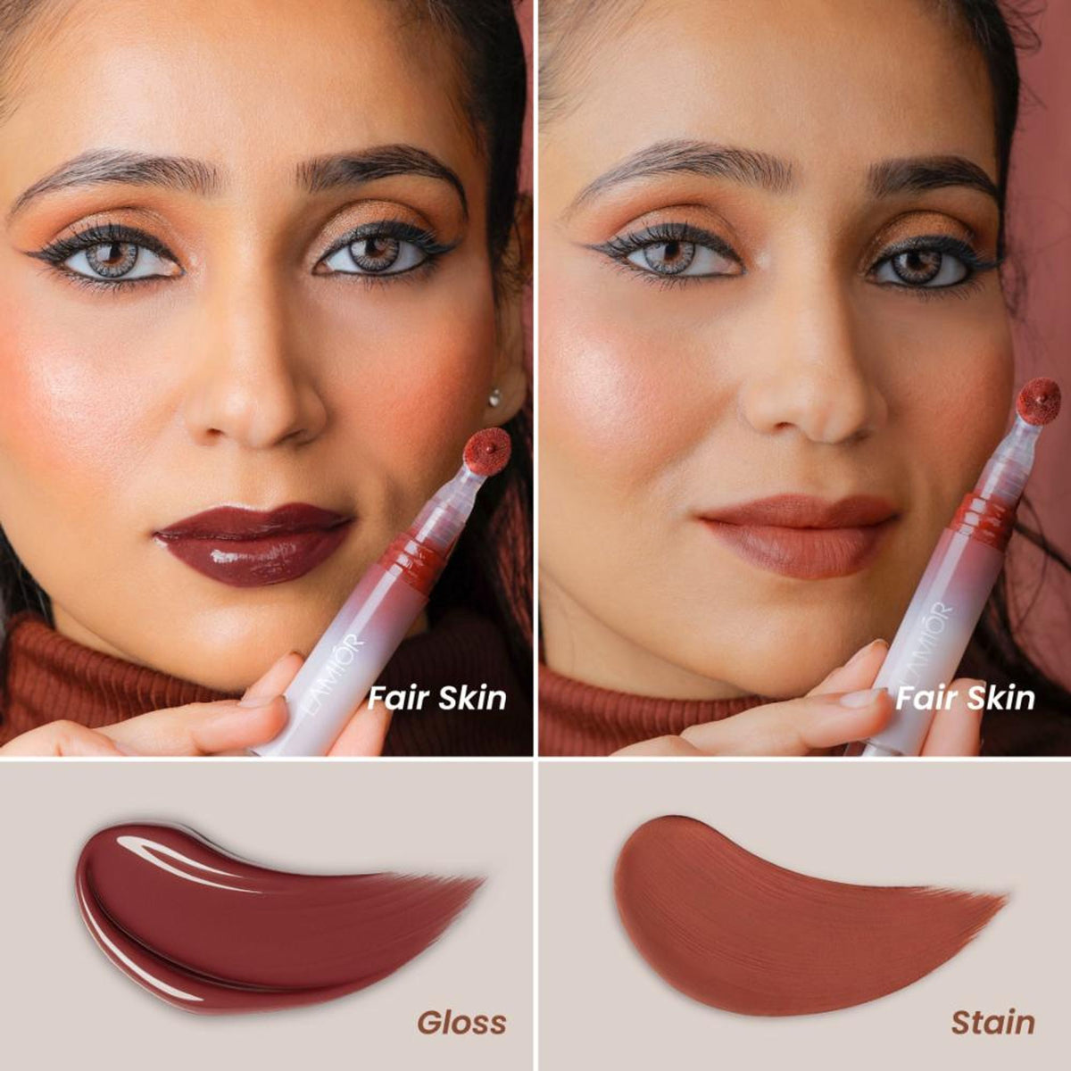 La Mior Hydrating Lip Gloss Stain in Petal Soak, showing a glossy pink lip stain on smooth lips with a natural finish.
