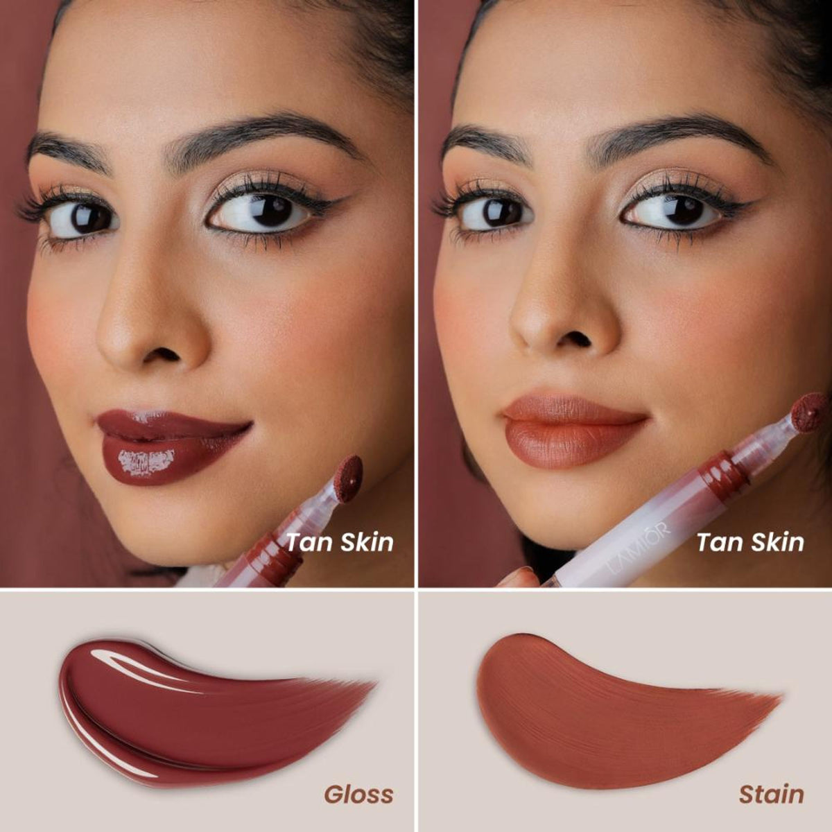 La Mior Hydrating Lip Gloss Stain in Petal Soak, showing a glossy pink lip color on smooth lips.