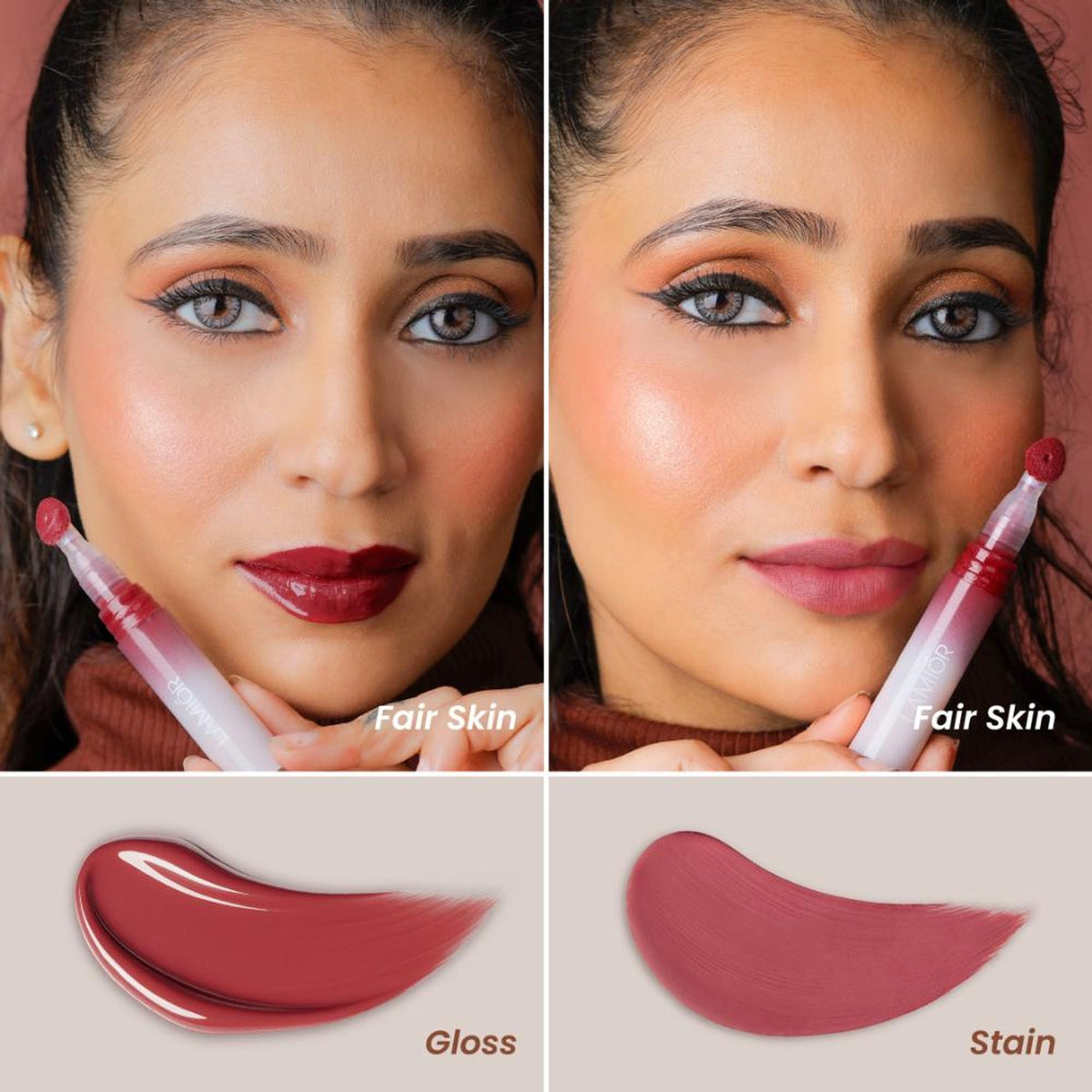 La Mior Hydrating Lip Gloss Stain in Sugar Splash, showing a close-up of the glossy, tinted lip color with a smooth finish.
