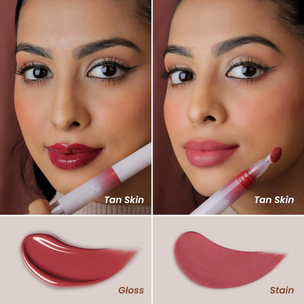 La Mior Hydrating Lip Gloss Stain in Sugar Splash, with a glossy, tinted lip color applied on lips.