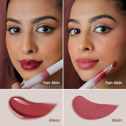 La Mior Hydrating Lip Gloss Stain in Sugar Splash, with a glossy, tinted lip color applied on lips.