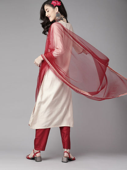 Indyancart IE Women Off White Ethnic Motifs Embroidered Liva Kurta with Palazzos & Dupatta