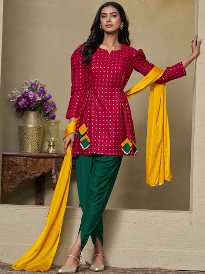 Dhiyona SN Women's Cotton Silk Zari Embroidered Kurti Dhoti and Dupatta Set