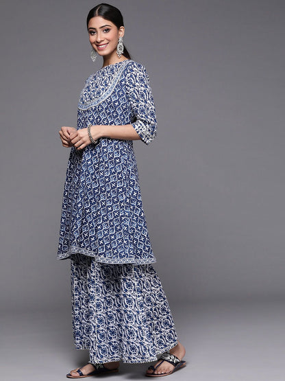 Dhiyona VA Women's Blue Floral Printed Gotta Patti Pure Cotton Kurta with Sharara