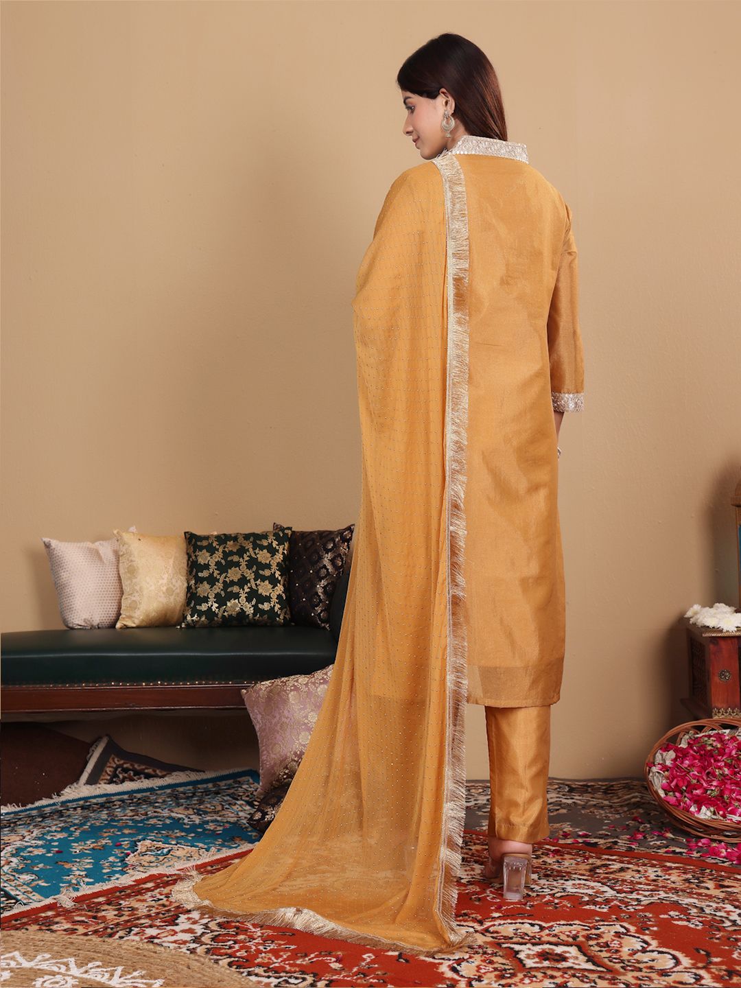 Dhiyona VA Women'sEthnic Motifs Woven Design Sequinned Straight Kurta with Trousers & Dupatta
