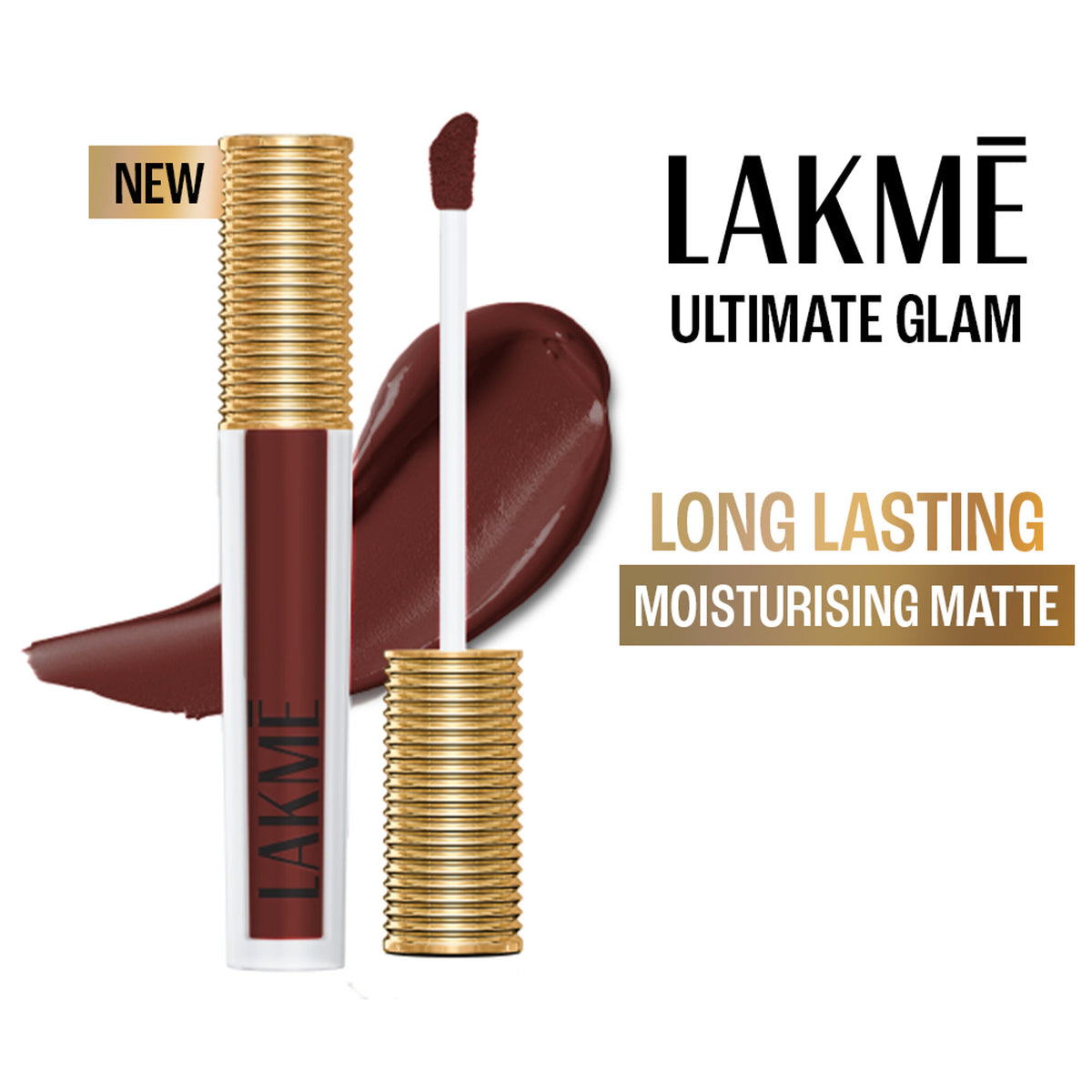 Lakme Ultimate Glam Matte Liquid Lipstick in Brown Espresso, showcasing the rich, matte lipstick tube and swatched on skin.