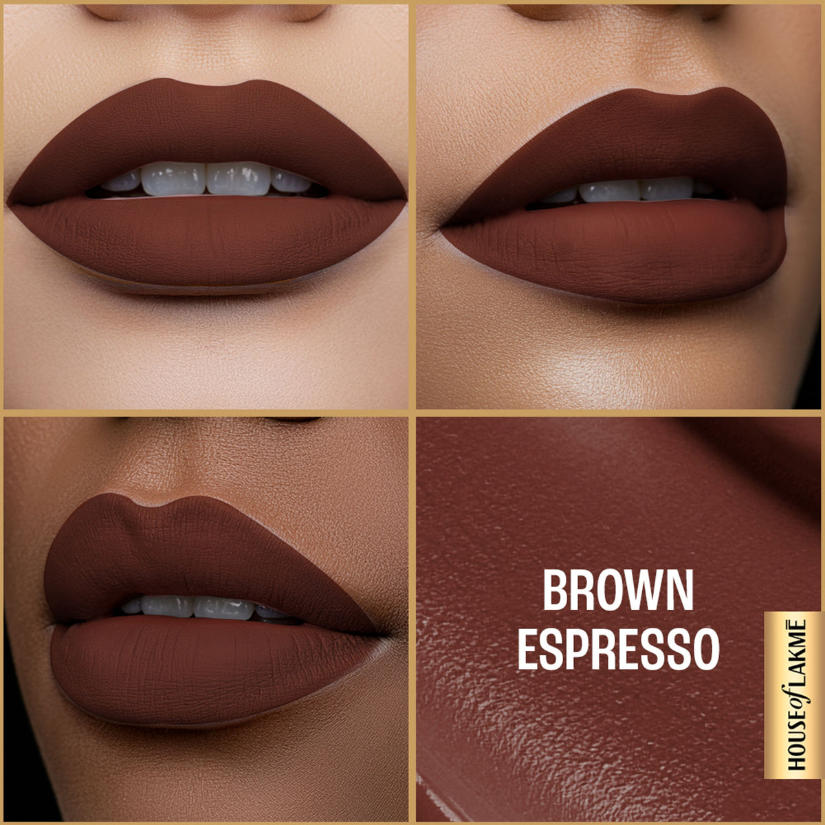 Lakme Ultimate Glam Matte Liquid Lipstick in Brown Espresso, showcasing a rich, dark brown lipstick applicator and packaging.