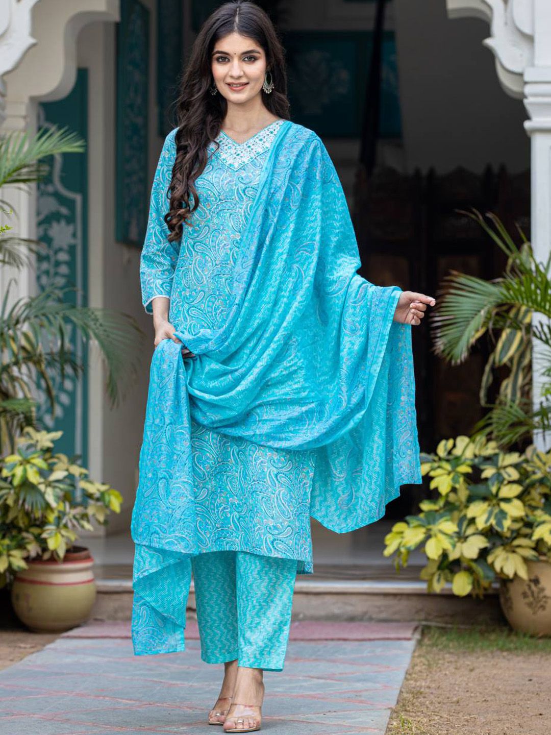 Indyancart VA Women'sPaisley Printed Regular Mirror Work Kurta with Trouser & Dupatta