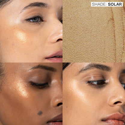 FAE Beauty Double Dew Highlighter in Solar with shimmering glow, featuring a sleek compact design and reflective surface.