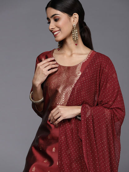 Indyancart VA Women's Maroon Ethnic Motifs Kurta with Trousers & Dupatta