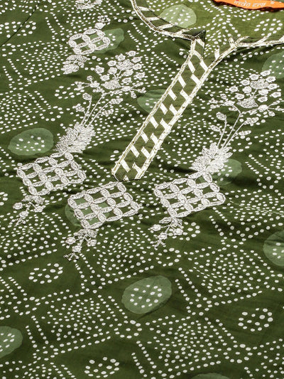 Indyancart IE Women Green Bandhani Printed Regular Thread Work Kurta with Sharara & With Dupatta