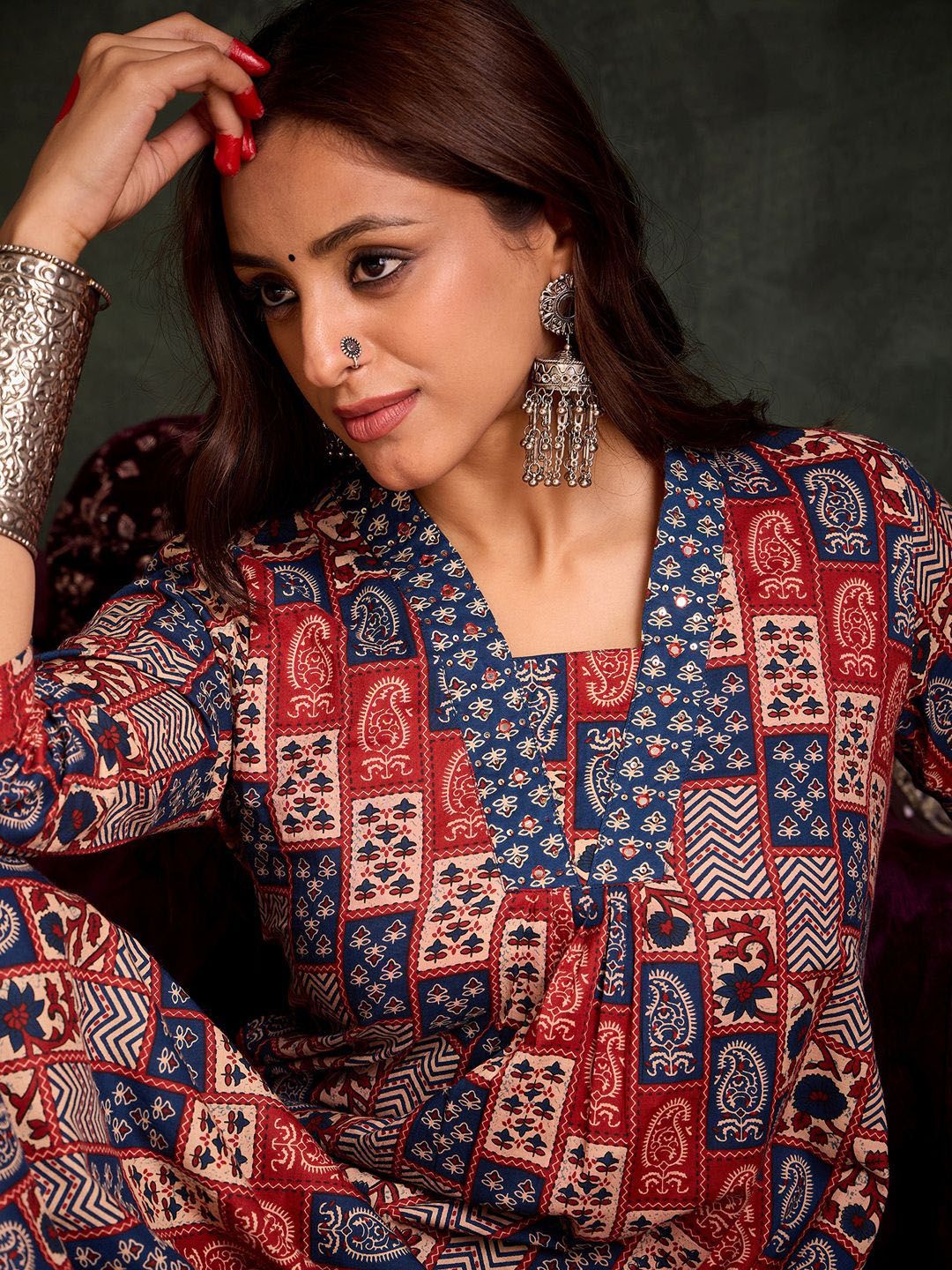 Indyancart IE Ethnic Motifs Printed Pure Cotton Kurta With Trousers