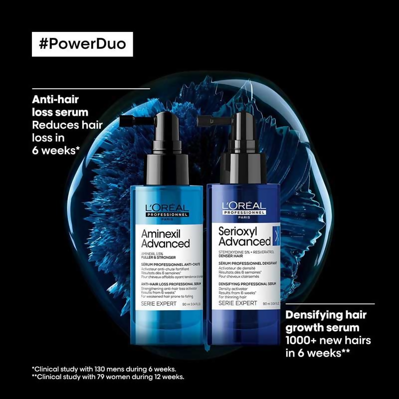 L'Oreal Professionnel Serioxyl Advanced Density Activator hair serum bottle with pump dispenser for thinning hair.