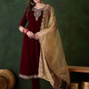 Dhiyona SN Women's Zari Sequence Embroidered Straight Velvet Kurta Trousers With Dupatta