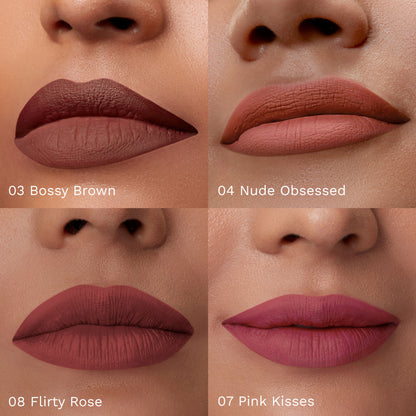 Pilgrim Matte Mini Liquid Lipstick 4 In 1 Pack Smudgeproof, Hydrating & Lightweight - Nude Temptation