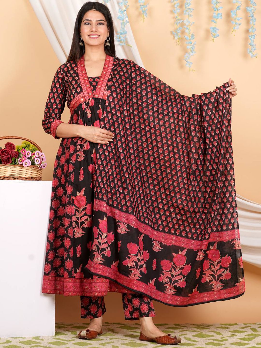 Indyancart VA Women'sFloral Printed Empire Mirror Work Pure Cotton Kurta with Trousers & With Dupatta